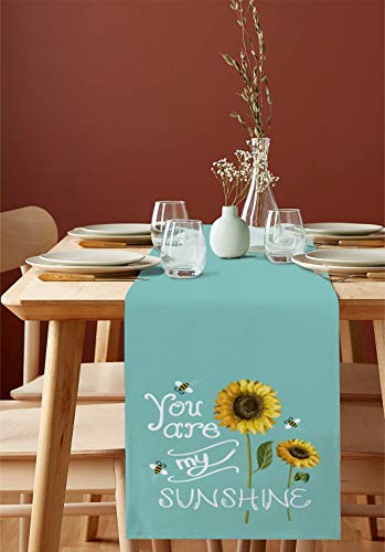 Chaogo Cotton Linen Table Runner For Dining Table,You Are My Sunshine Sunflower Bee, Rural Style Teal Green Background Machine Washable Table Top Cover 13X70 Inche For Home Kitchen Wedding Party Decor #TOP1