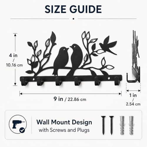 Image of Key Holder for Home, Metal Wall Mounted, 6 Hooks (Birds Desigh) | Cat Design, Includes Mounting Screws, For Home Use, 6 Hook Hanger, Metal Construction