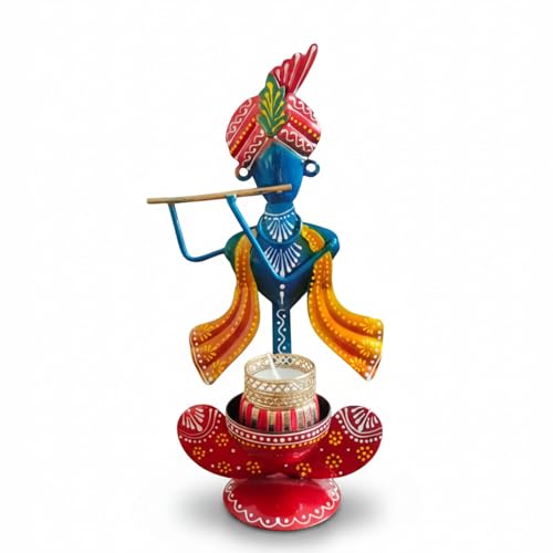 Image of Decorative Handcrafted Multicolor Metal Krishna Tea Light Holder for Home Decoration and Krishna Idol for Gift