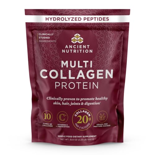 Image of Ancient Nutrition Hydrolyzed Multi Collagen Peptides Powder, Unflavored | Vitamin C, Probiotics, Grass-Fed Hydrolyzed Collagen, Supports Skin, Hair, Nails, Joints, Gut Health, 100 Servings
