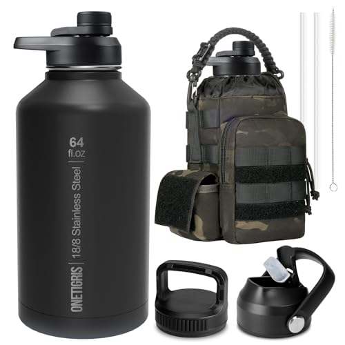 Image of ONETIGRIS Tactical Half Gallon Water Bottle with Straw - 64 oz Vacuum Insulated Stainless Steel Water Jug, Leakproof Sport Bottle with 3 BPA Free Lids, Paracord Handle & MOLLE Water Pouch for Outdoor