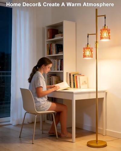 Image of 2-Light Glass Floor Lamp, 65IN Tall Standing Lamps Dimmable with Rose Red Glass Lampshade, 3000K Warmwhite Mid Century Modern Floor Lamp with 5Lbs Heavy Base for Living Room /Bedroom