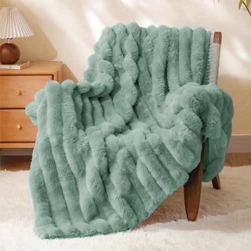 Image of BEDELITE Faux Fur Throw Blanket for Couch, 770GSM, 60 inch x 80 inch, Sage Green | Soft and Cozy Luxurious 3D Striped Fluffy Blanket, Warm Plush Fuzzy Faux Rabbit Fur for Women Gift, Stylish Room Decor