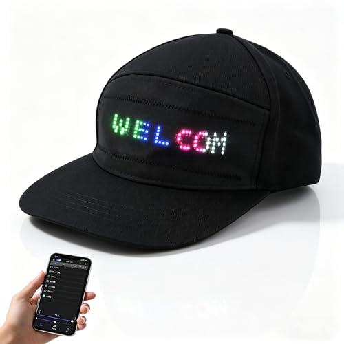 Topiky baseball cap mit led-leuchte, Programmierbare LED Käppi mit -App-Steuerung, Abnehmbar, Verstellbare Größe, Baumwolle, Editierbarer Bunter Hut für Konzerte Im Freien, Karneval (schwarzer Hut)