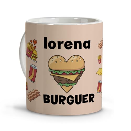 Caneca divertida com nome. Presentes originais para mulher. Canecas de café com leite personalizadas. Caneca grande pequeno-almoço. Presentes para amigas especiais. Canecas. Burguermania. Burguer