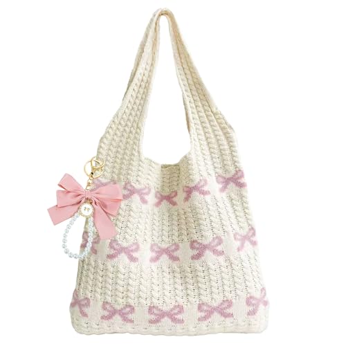 Image of JeVenis Crochet Tote Coquette Bow Aesthetic Beach Mesh Knitted Shoulder Bag | Crochet Tote Coquette Bow Aesthetic Hobo Bag for Women Boho Shoulder Handbag Beach Mesh Knitted Shoulder Bag