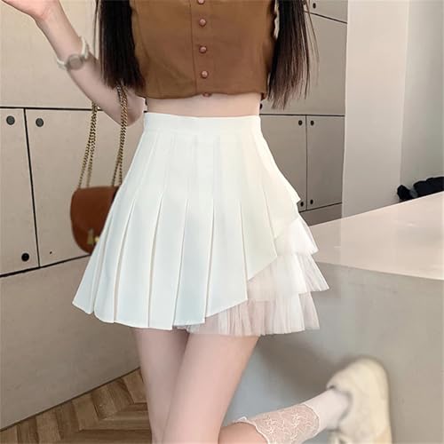 Women Korean Solid Color Irregular Mesh Stitching Fashion High Waist Pleated Skirt4