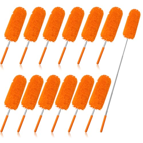 Image of Tanlade 12 Pcs Microfiber Feather Duster for Cleaning 13-31 Inch Extendable Cobweb Dusters Ceiling Fan Duster Washable Bendable Tool for Office Car Window Furniture (Orange)