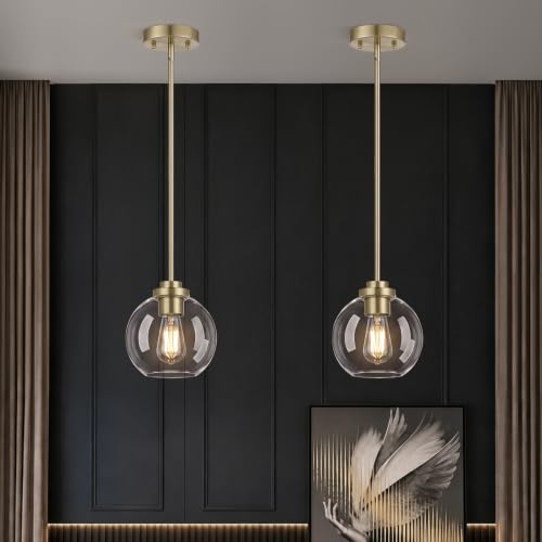 Image of MQMQA 2 Pack Globe Pendant Lights, Mid Century Brass Pendant Light Fixtures, Globe Pendant Lights Kitchen Island with Clear Glass Shade Hanging Fixture for Dining Room (Bulbs not Included)
