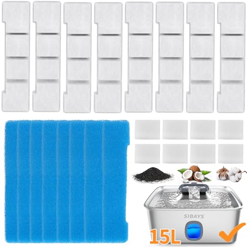 SIBAYS Dog Water Fountain Filter Replacement 4Gal/15L Pet Fountain Filters Made of Activated Carbon and PP Cotton 8 Pet Water Fountain Filters 8 Pre-Filter Sponge with 8 Pump Sponge(Model: L05)