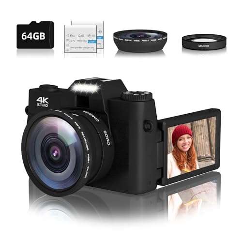 Vlogging Camera, 4K 48MP Digital Camera for Photography, 16X Digital Zoom, Vlogging Camera for YouTube with180 Degree Flip Screen, Wide Angle Lens, 2 Batteries and 64GB Micro SD Card (Black)