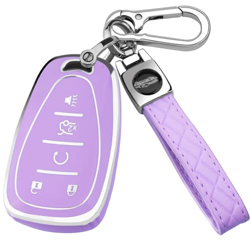 XIYANG TRADE for Chevy Key Fob Cover with Keychain Soft TPU Key Case Shell Full Protection for 2016-2021 Chevy Equinox Malibu Camaro Cruze Blazer Traverse Trax 5 Button Holder (Purple)