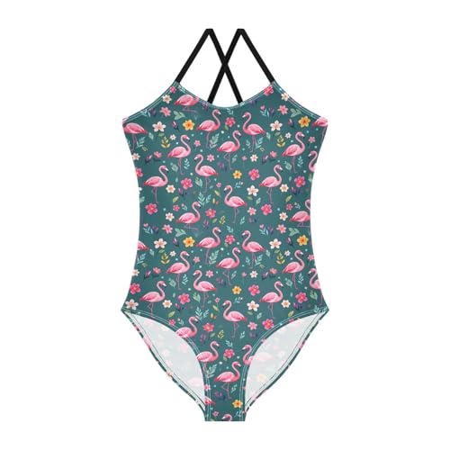 senya Girls Swimsuits One-Piece Swimwear Tie Bathing Suit Beach Summer Round Neck 5-6T Flamingo Flowers Leaves Pattern