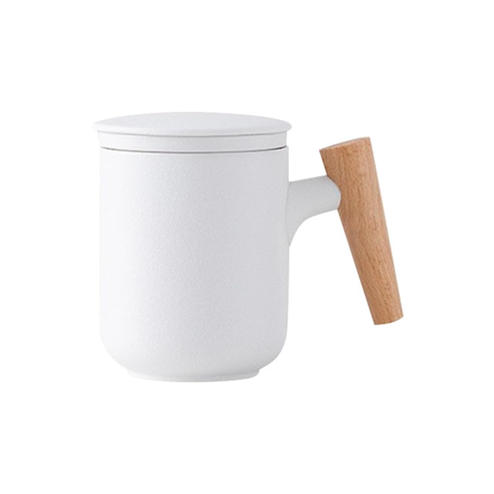 CTRLZS Ceramic Frosted Tea Cup with Lid and Filter Large Capacity Wooden Handle Coffee Mug Tea Water Separation Tea Cup