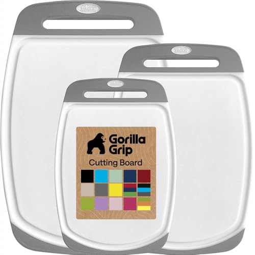 Image of GORILLA GRIP BPA-Free Reversible Kitchen Cutting Board Set of 3, US Designed, Nonporous, Juice Grooves Catch Liquid, Slip Resistant Border, Dishwasher Safe, Durable Large Food Chopping Boards, Gray