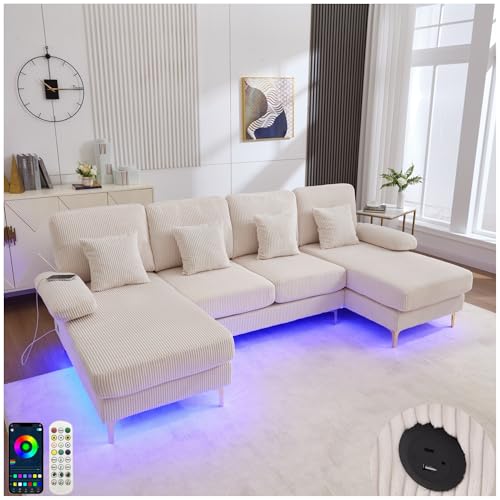 Sapgaks Canapé Moderne en Forme de U avec éclairage d'ambiance LED et Port USB+Type-C,canapé 4 Places avec 4 Coussins Luxueux et Dossier Ergonomique Haut de...