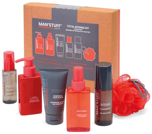 Man Stuff Total Intense Kit – Men’s Toiletry Gift Set with Body Spray, Charcoal Face Scrub, Cleansing Gel, Hair & Body Wash, Moisture Gel & Sponge – Vegan Friendly Men’s Grooming Set