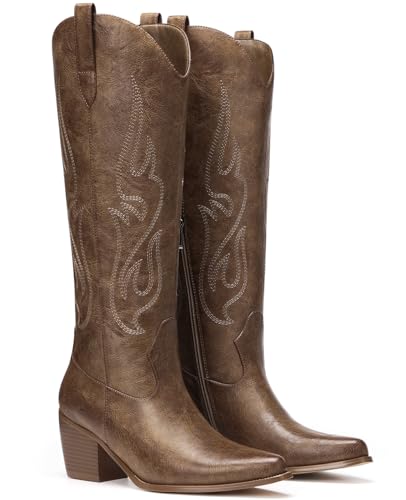 Image of Pasuot Western Cowboy Boots for Women - Knee High Wide Calf Cowgirl Boots, Slip On Pointed Toe Chunky Heel Fashion Retro Classic Pull On Tall Boot for ladies Party concert