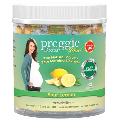 Image of Three Lollies Preggie Drops Plus Pregnancy Nausea Relief Drops with 10 mg Vitamin B6 and Essential Oils, Morning Sickness and Queasy Stomach Support for Pregnant Women, Sour Lemon, 32 Count