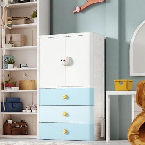 Image of Portable Collapsible Wardrobe for Kids Plastic Storage - Cloth Organizer Cupboard /Multipurpose Storage /Closet for Bedroom /Living Room /Easy to Assemble Room & Home (Blue Bear)