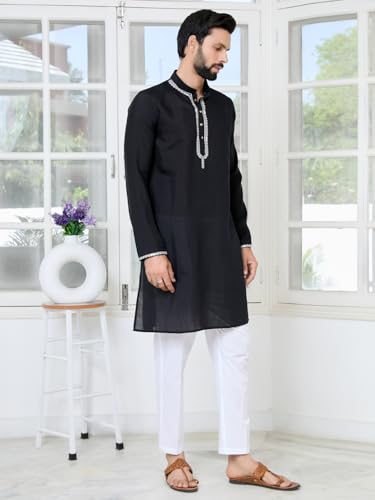 Image of See Designs Men's Full Sleeve Mandarin Collar Sequins Embroidered Chanderi Straight Long Kurta with Yoke Design - Festive Collection