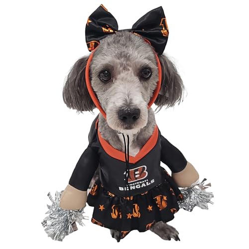 NFL Cincinnati Bengals Officially Licensed Cheer Dog Costume by MODERN HERO Includes Dress with Faux Stuffed arms and Tinsel pom-poms and Satin Bow Headband, Size XXL