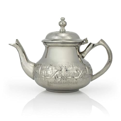 Tetera marroquí oriental mini de Saharashop 300 ml | Tetera de latón plateado con filtro integrado | Modelo tradicional | Tetera árabe en tono plateado | Cosy de té y tetera