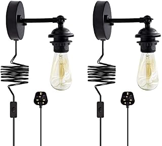 Industrial Wall Light, 2 Pack Vintage Wall Lamp, Plug in Wall Light, Black Hardwired Wall Light Fixture, 240°Adjustable Wall Sconces with E27 Lamp Holder That Can Add Lampshade for Bar Hotel Cafe