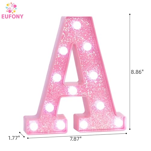 Image of Pink Marquee Light Up Letters, Glitter Alphabet LED Letter Lights for Pink Birthday Party Decorations, Battery Operated Letter Sign for Girls Room Vanity Table Decor, Cool White Lights Letter A