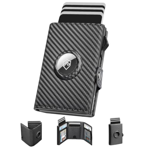 Geldbörse Herren mit AirTag Fach & RFID Schutz Slim Pop-Up Portemonnaie für 12 Karten & 2 Ausweise Kreditkartenetui Portmonee Herren mit Münzfach Geschenk für Männer Vatertag Carbon Schwarz