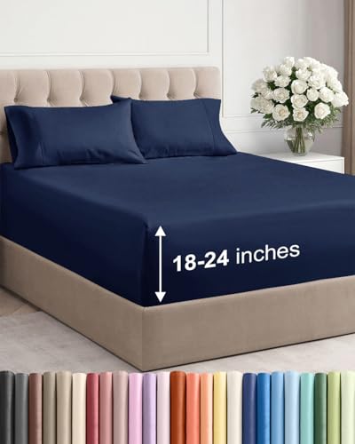 Image of Extra Deep Twin Sheet Set - 4 Piece Breathable & Cooling Sheets - Navy Blue | Hotel Luxury Bed Sheets Set, Easy & Secure Fit, Ultra-Soft, Wrinkle & Fade Free, Comfy Sheets Set with Extra Deep Pockets