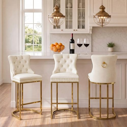 Image of UVV Counter Height Bar Stools Set of 3, 26 inch Modern Barstools with Back, Velvet Upholstery Counter Chairs with Metal Legs for Kitchen Island, Bar, Counter, Beige