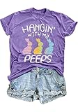 Women Happy Easter Shirts Hanging with My Peeps Bunny Rabbit Graphic T-Shirt Casual Short Sleeve Tops