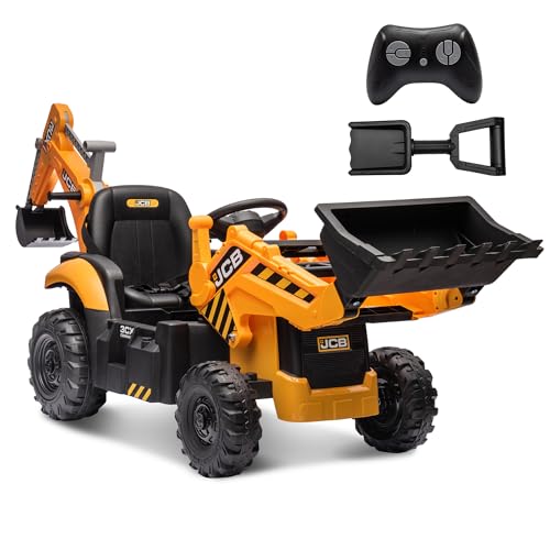 ENYOPRO 24V JCB Electric Backhoe Loader Toy Car for Kids, Battery Powered Ride on Excavator & Wheel Loader Construction Vehicle Toys w/Remote Control, Moving Parts, Adjustable Seat, Soft Start, Large