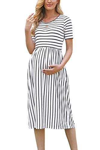 Xpenyo Women's Casual Short Sleeve Empire Waist Maternity Dress Midi Pregnancy Dress With Pockets White Striped L #TOP2