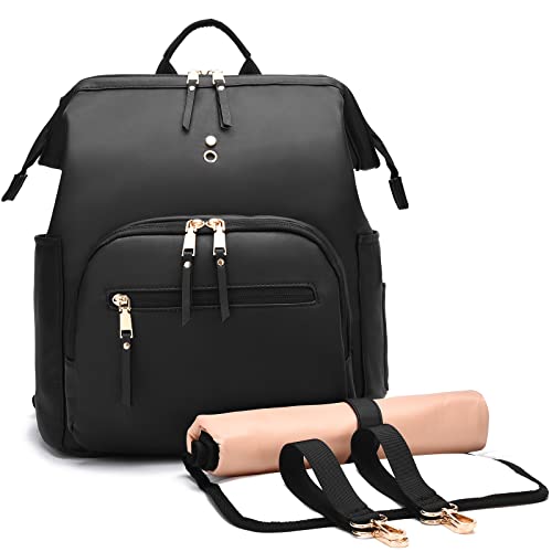 Image of I IHAYNER Diaper Bag Backpack for Mom Leather Waterproof Multifunctional Large Capacity for Wet Clothes, Breast Pump, Milk Bottle Travel Baby Bag with Changing Pad, Stroller Straps Black