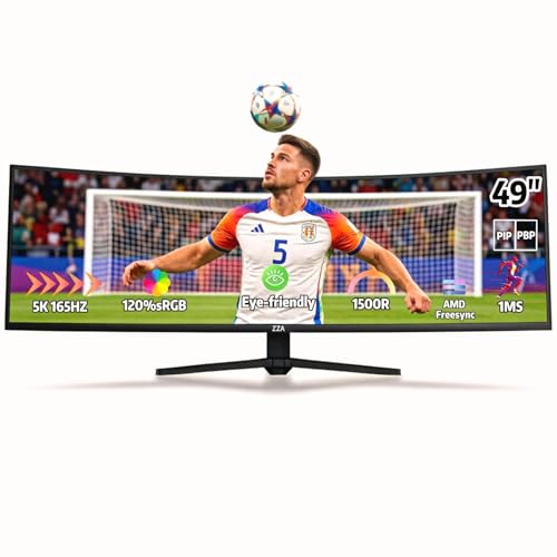 Image of ZZA 49-Inch Ultra-Wide DQHD Curved Gaming Monitor | 5120x1440, 1500R, 165Hz, AMD FreeSync, 120% sRGB, Height Adjustable, HDMI 2.1 /DP 1.4 Wall Mountable- Black
