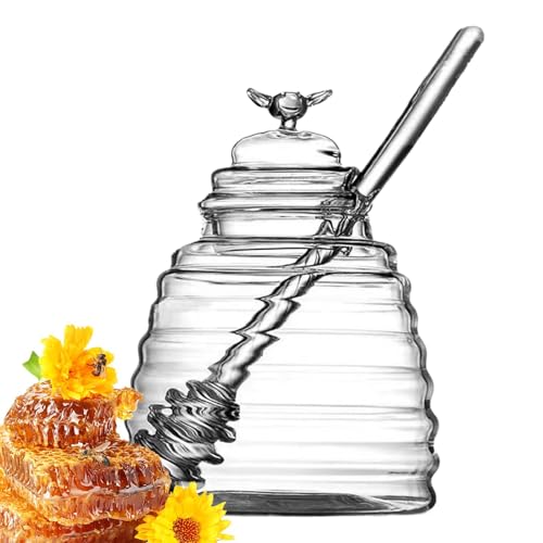 Tarro de miel de vidrio con tapa y cucharón – Dispensador de miel de vidrio transparente de 500 ml | Tarro de almacenamiento de miel para salsas, jarabes, miel y aderezos para ensaladas, recipiente
