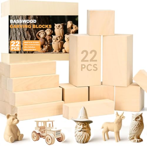 Quuylin 22PCS Madera para Tallar Tilo, Bloques de Tallado de Madera de Tilo, 3 Tamaños Tacos Madera para Tallado a Mano DIY y Torneado, Listones de Madera para Niños y Adultos