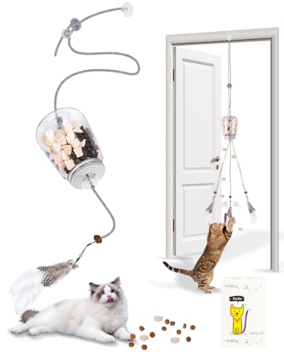 Interactive Cat Treat Dispenser Toy, Hanging Puzzle Toy for Slow Feeding & Cat Weight Loss, with Feather Teaser, Enrichment for Indoor Cats