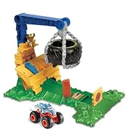 Hot Wheels Monster Trucks Rhinomite Chargin’ Challenge Playset with a 1:64 Scale Toy Rhinomite Truck & 2 Crushed Cars