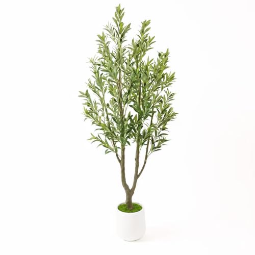 6FT Artificial Olive Tree with White Tall Planter, 72" Realistic Silk Leaves & Fruits Faux Olive Tree, Tall Potted Artificial Plant for Home, Living Room, Office & Indoor Aesthetic Decor by Goductyle - Used condition - US$78.54