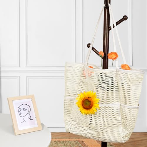 Image of Iioscre Beach Bag for Women, Causal Hobo Handbags with Zipper Inner Pocket, Foldable Swim Tote Bag for Vacation Essentials