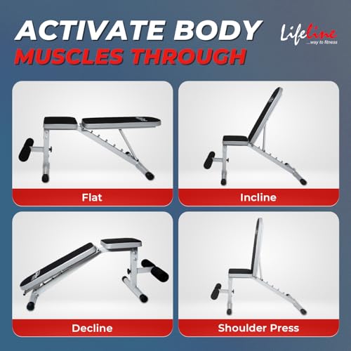Image of Lifeline LB-311 Heavy Duty Adjustable Gym Bench | Incline Decline Flat Multi-Position | 200 kg Capacity Strength Training Bench for Home Gym Workout | Commercial Grade Fitness Bench with Leg Support