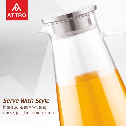 Image of ATTRO Glassox Classy Glass Water Jug - 1800ml Borosilicate Glass Serving Jug with Stainless Steel Lid, Heat Resistant, Ideal for Juice, Lemonade, Iced Tea, Milk, Hot & Cold Beverages