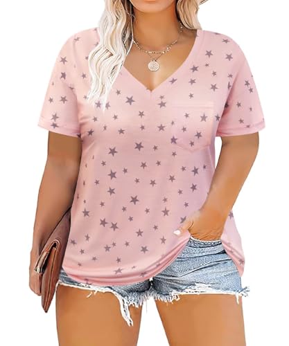 Image of TIYOMI Plus Size Tops for Women V Neck Tshirts Basic Tunic Casual Hawaii Floral Tie Dye Camo Summer Short Sleeve Tee XL-5XL