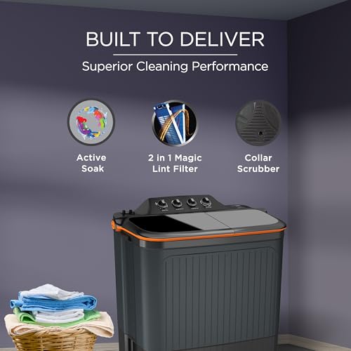 Image of Lloyd 8 kg 5 Star Semi Automatic Top Load Washing Machine |Toughened Glass Soft Closing Wash & Spin Lids (GLWMS80AVGEL, Dark Grey)