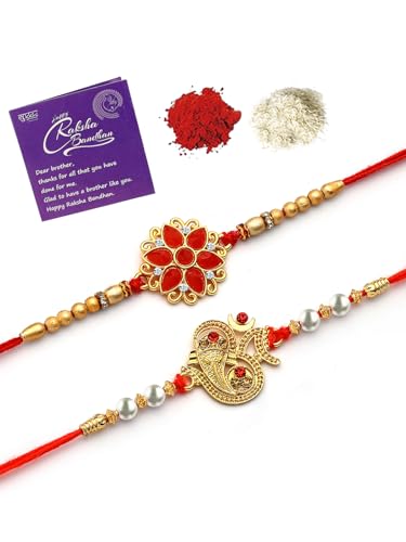 Image of Sukkhi Rakhi Beautiful Floral Design Purple Meenakari Work with AD Stones & Pearls Combo Rakhi for Brother with Roli Chawal & Greeting Card|Quirky Rakshabandhan Rakhi for Bhaiya|Set of 2