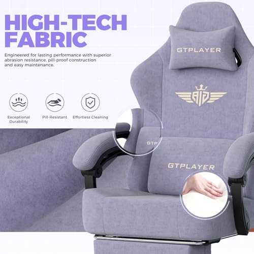 Image of GTPLAYER Gaming Chair with Pocket Spring Cushion, High Back Ergonomic Computer Chair with Footrest for Adults Lumbar Support Swivel Game Chair for Office Gaming 350LBS, Fabric Macaron Purple