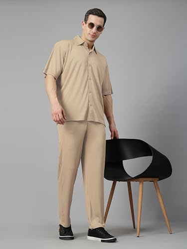 Image of CHKOKKO Men Training Suit Solid Polyester Summer Co-Ord Set With Polo Neck